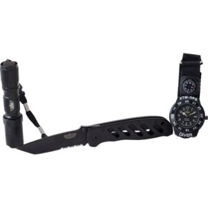 COMBO UZI No. 3 - FUERZAS ESPECIALES INCLUYE:NAVAJA TACTICA DE 3 CUCHILLAS, RELOJ RESISTENTE AL AGUA ON BRUJULA Y LINTERNA LED DE 1/2 VATIO.