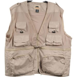 CHALECO MARCA HUMVEE COLOR KAKHI, CON CAPUCHA OCULTA Y NUEVE BOLSILLOS,TALLA M, ELABORADO EN 100% ALGODON,MALLA EN LA PARTE TRASERA